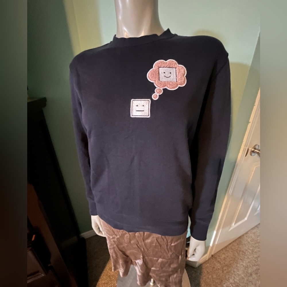 ACNE Navy Casey Emoji Crewneck Sweatshirt with Pink Thought Patch